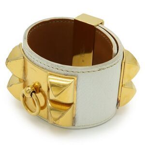 Hermes Corriedo Chien Medor Bracelet Bangle Studs Vaux Epson Leather White Gold